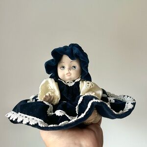 Vintage Venetian Porcelain Doll w/Navy Blue Velvet Dress White Lace - 6 inches